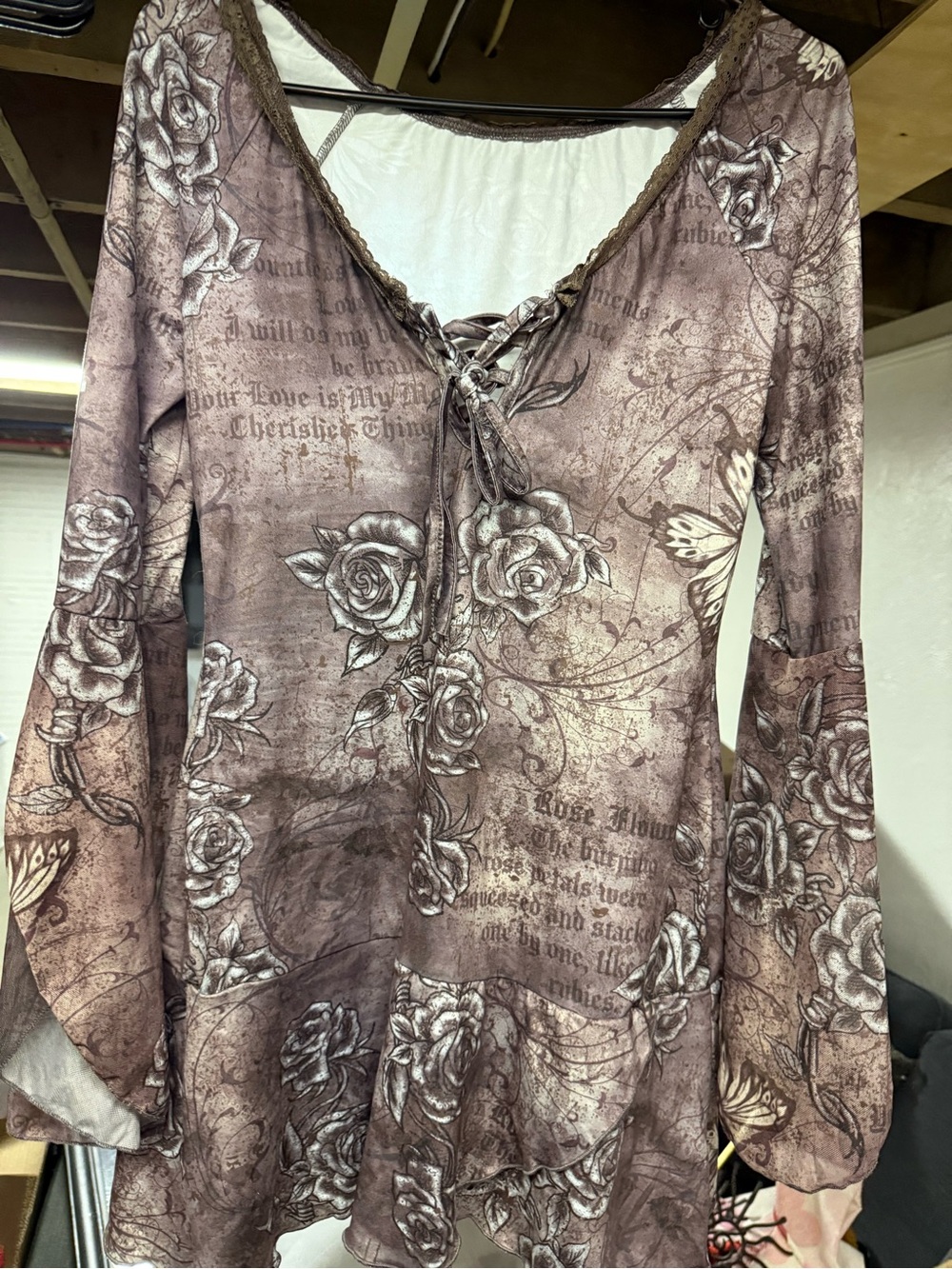 SHEIN Brown Floral Lace-Up Long Sleeve Top